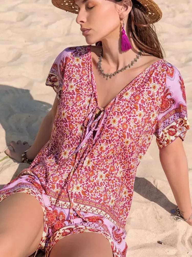 Printed V - Neck Short Sleeve Romper - Update AvenueBoho VibesTrendsi100100989861467100100989861467fac310b7 - e20a - 463e - 82a5 - 6100a431055a - Max - OriginDeep Rose