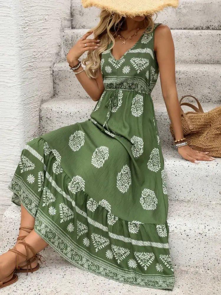 Printed V - Neck Sleeveless Dress - Update AvenueBoho VibesTrendsi100100863221982100100863221982e7006e13 - da0d - 4307 - 8fc7 - 80231f179951 - Max - OriginMatcha Green