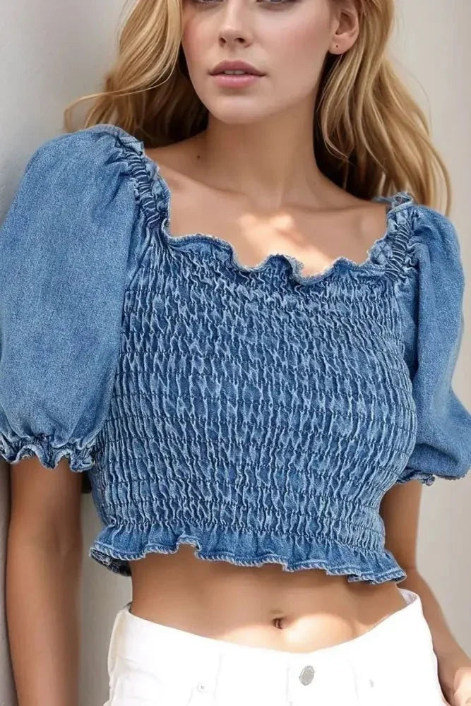 Puff Sleeve Smocked Cropped Denim Top - Update AvenueFestival VibesTrendsi100100526021471100100526021471d33fc7eb - ed16 - 4ffe - 8c40 - 7f6858144027 - MaxMedium