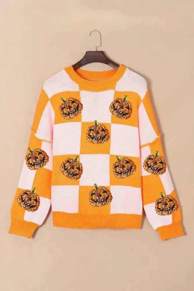 Pumpkin Checkered Round Neck Long Sleeve Sweater - Update AvenueHalloweenTrendsi1001000881312151001000881312151518b173 - 54fe - 48a3 - 816d - b5d7f3767b53 - MaxTangerine