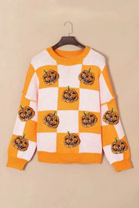 Pumpkin Checkered Round Neck Long Sleeve Sweater - Update AvenueHalloweenTrendsi1001000881312151001000881312151518b173 - 54fe - 48a3 - 816d - b5d7f3767b53 - MaxTangerine