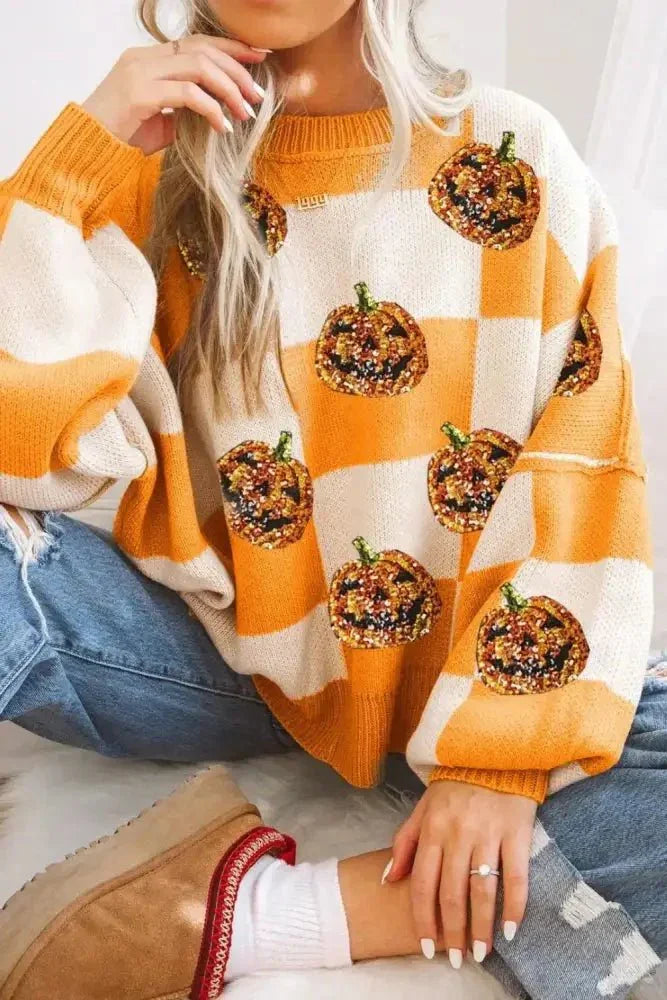 Pumpkin Checkered Round Neck Long Sleeve Sweater - Update AvenueHalloweenTrendsi100100088131215100100088131215847cf020 - 9342 - 4abb - 98ad - 369c52d76d03 - MaxTangerine