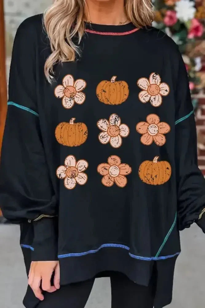 Pumpkin & Flower Graphic Long Sleeve Sweatshirt - Update AvenueHalloweenTrendsi100100691901304100100691901304831635e7 - 77f1 - 451a - afb2 - e43dd2add3b0 - MaxBlack