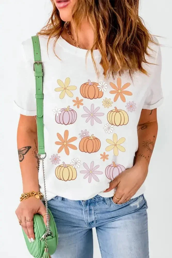 Pumpkin & Flower Round Neck Short Sleeve T-Shirt - Update AvenueHalloweenTrendsi100100551801173100100551801173b48018e7 - 191e - 4940 - 9c04 - 973a7faf9ec2 - MaxWhite