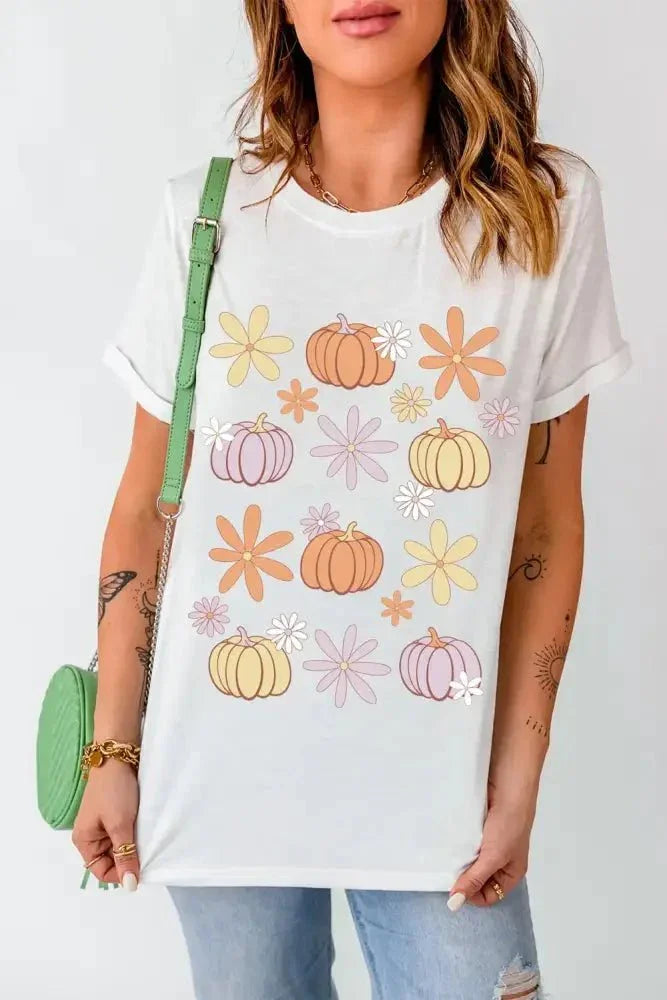 Pumpkin & Flower Round Neck Short Sleeve T-Shirt - Update AvenueHalloweenTrendsi1001005518011731001005518011739d2cc5da - b193 - 4f3b - b75d - d9d3cc168236 - MaxWhite