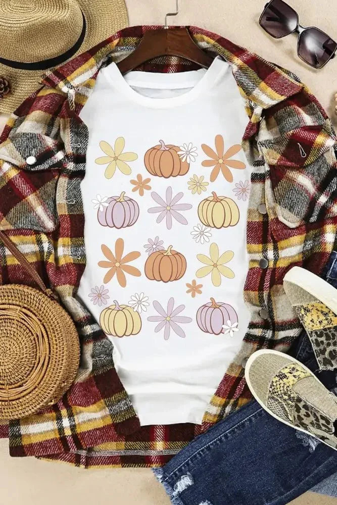 Pumpkin & Flower Round Neck Short Sleeve T-Shirt - Update AvenueHalloweenTrendsi1001005518011731001005518011736b217ba7 - 0163 - 48f8 - aa77 - eb2478ddc33e - MaxWhite