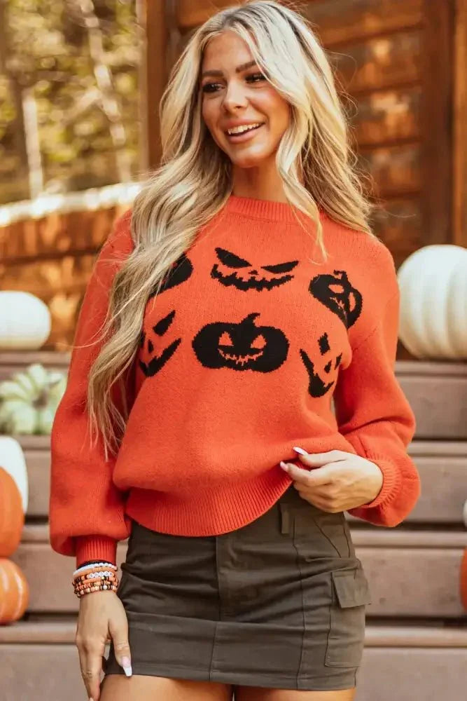 Pumpkin Pattern Round Neck Sweater - Update AvenueHalloweenTrendsi1001006971417911001006971417912de2e9e6 - 655c - 4040 - 941d - 13000d8ef464 - MaxOrange