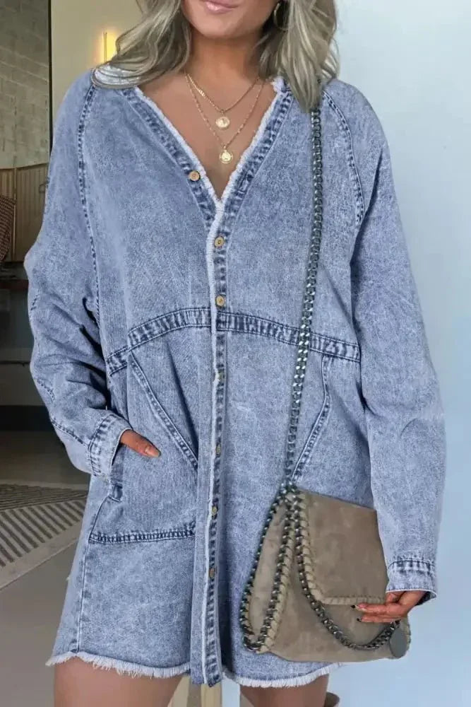 Raw Hem Button Down Long Sleeve Denim Dress - Update AvenueDenim Dresses & SkirtsTrendsi1001002035712581001002035712580f8b165d - ae6c - 46db - 93a5 - 35a34b3fc62f - MaxMedium