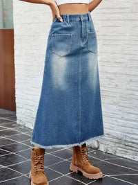 Raw Hem Buttoned Denim Skirt with Pockets - Update AvenueDenim Dresses & SkirtsTrendsi100100656961179100100656961179df82396a - 8697 - 40be - bdb1 - a67989e7dd8a - MaxDusty Blue