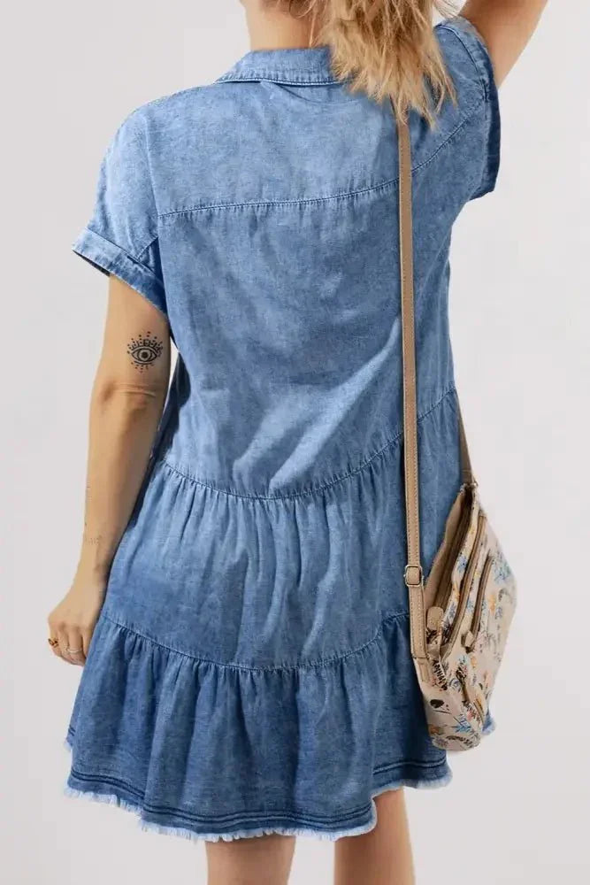 Raw Hem Collared Neck Short Sleeve Denim Dress - Update AvenueDenim Dresses & SkirtsTrendsi10010010831139010010010831139013a446c9 - b51d - 46c9 - 88e4 - 5e32646ce8b5 - MaxMedium