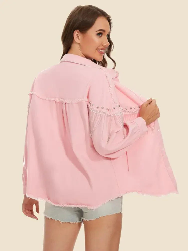 Raw Hem Fringe Detail Denim Jacket - Update AvenueTrendsi1001009609834011001009609834019877d6d99b9848f8bd1051445bc940b0 - MaxDusty Pink