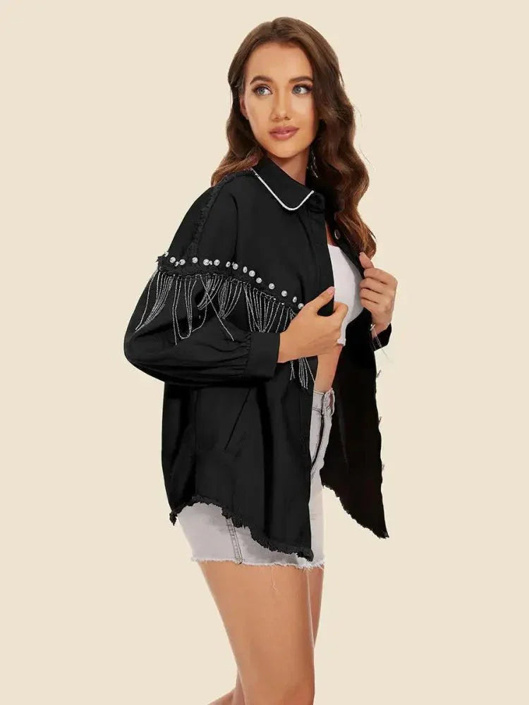 Raw Hem Fringe Detail Denim Jacket - Update AvenueTrendsi100100960984267100100960984267ba06bd3ba2fc4f668397ce6373b562cf - MaxBlack
