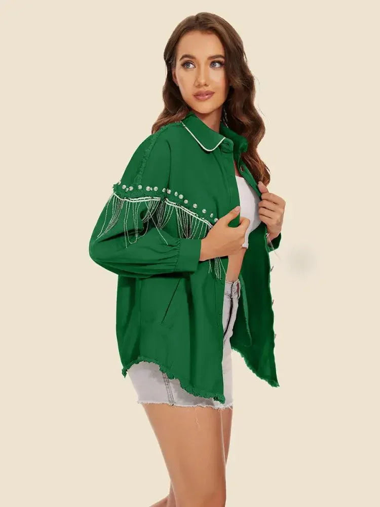 Raw Hem Fringe Detail Denim Jacket - Update AvenueTrendsi100100960986500100100960986500ca1c68ca77ef4f3c937d5fd480d9c6ea - MaxDark Green