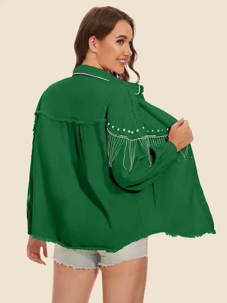 Raw Hem Fringe Detail Denim Jacket - Update AvenueTrendsi100100960986500100100960986500e33cba866f49491dbc234f60c8445ab5 - MaxDark Green
