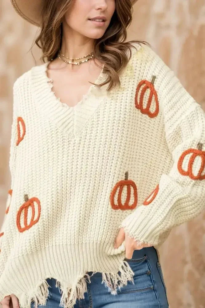 Raw Hem Pumpkin V - Neck Long Sleeve Sweater - Update AvenueHalloweenTrendsi100100867291948100100867291948d1067002 - ca9a - 43de - b877 - f2006f8bad7a - MaxBeige