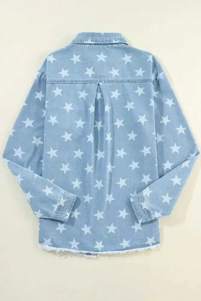 Raw Hem Star Collared Neck Denim Top - Update AvenueHonor the Stars and StripesTrendsi1001004530125121001004530125122c59a9e6959c449587a1f1b8ba6f4540 - MaxMedium