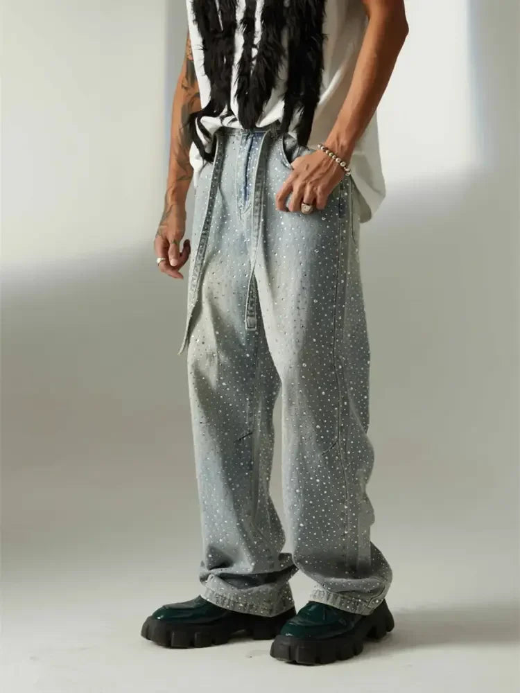 Rhinestone Embellished Wide Leg Jeans