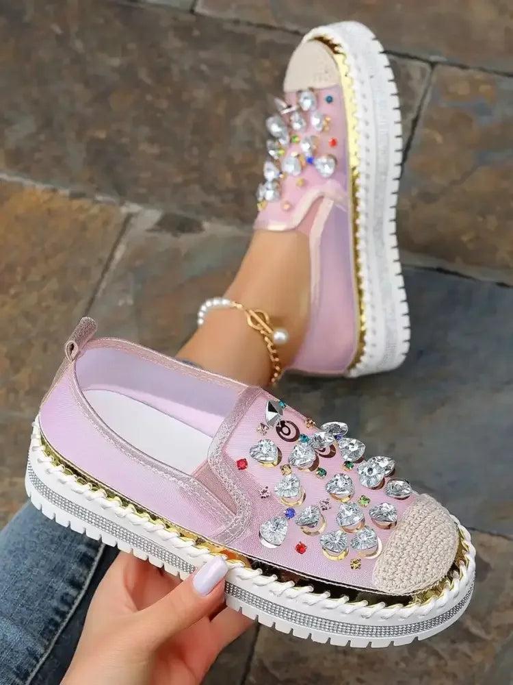 Rhinestone Round Toe Platform Loafers