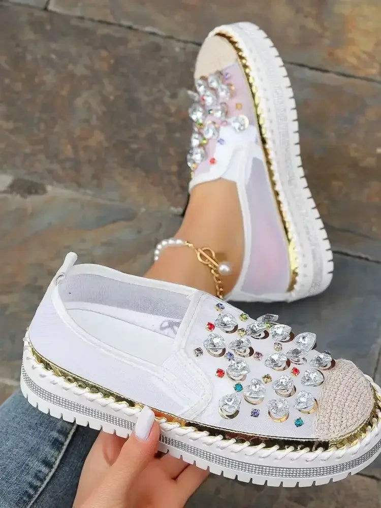 Rhinestone Round Toe Platform Loafers