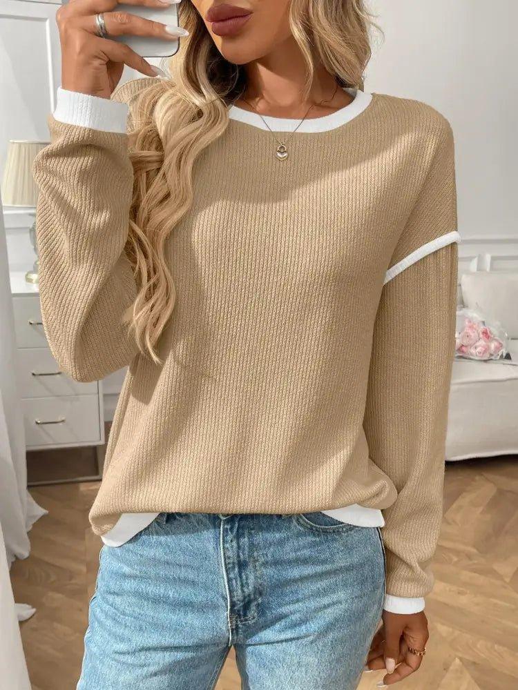Ribbed Contrast Trim Long Sleeve Top - Update AvenueT-ShirtsTrendsi100100078751904100100078751904ec54c84b - 120a - 4461 - b73c - e7702ac76b0e - Max - OriginTan
