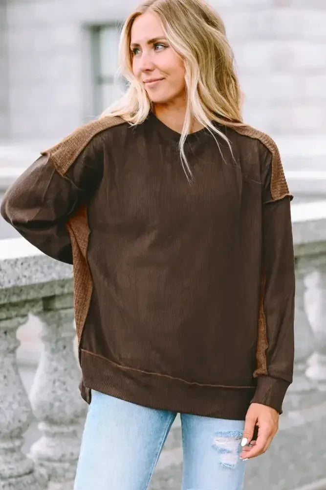 Ribbed Exposed Seam Dropped Shoulder Blouse - Update AvenueTrendsi100101846567068100101846567068a36de7b07a604682bb0d7e9d0c2ae168 - MaxChestnut