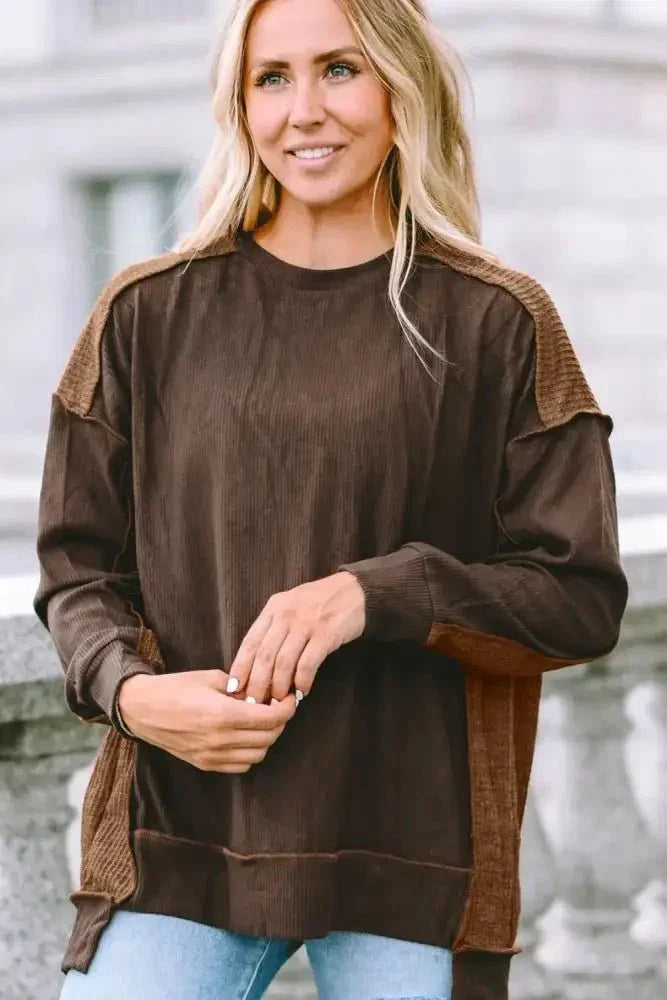 Ribbed Exposed Seam Dropped Shoulder Blouse - Update AvenueTrendsi100101846567068100101846567068e3ff958206e54d38927282004f87dc59 - MaxChestnut