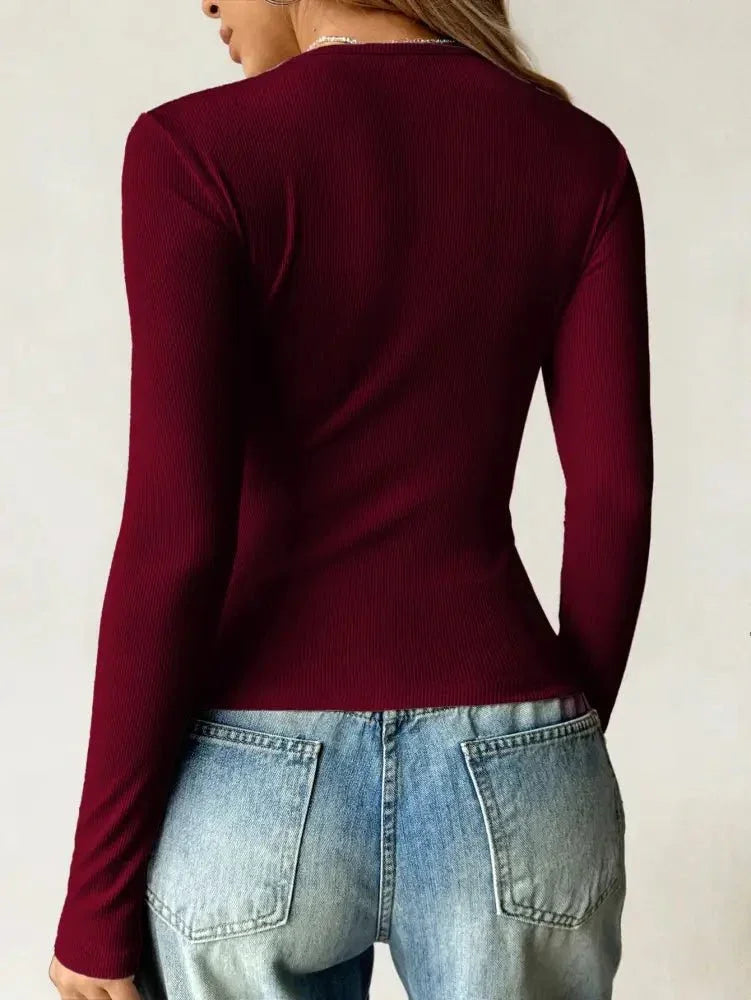 Ribbed Knit Long Sleeve T-Shirt - Update AvenueT-ShirtsTrendsi100100945142523100100945142523ae5f32f0 - 2429 - 4b15 - aebf - 56a017ceef20 - Max - OriginBurgundy