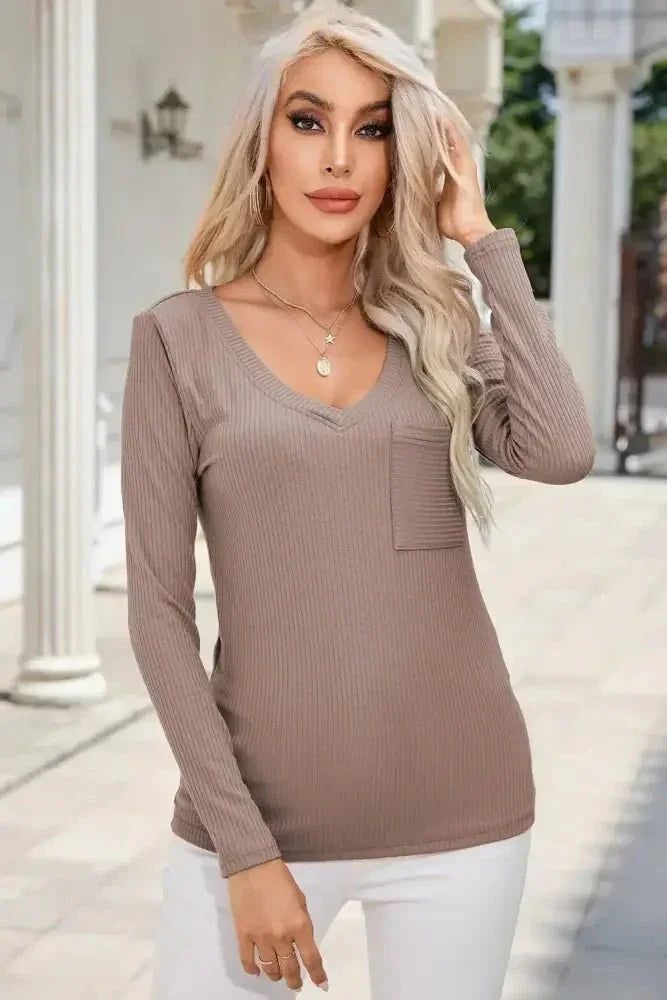 Ribbed V - Neck Long Sleeve Blouse with Pocket - Update AvenueTrendsi100101505831575100101505831575a76ea5e8cde742148c7d94ee655b062d - MaxMocha