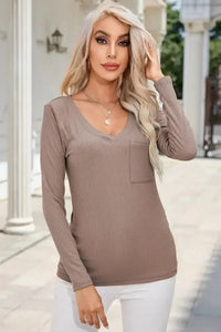 Ribbed V - Neck Long Sleeve Blouse with Pocket - Update AvenueTrendsi100101505831575100101505831575a76ea5e8cde742148c7d94ee655b062d - MaxMocha