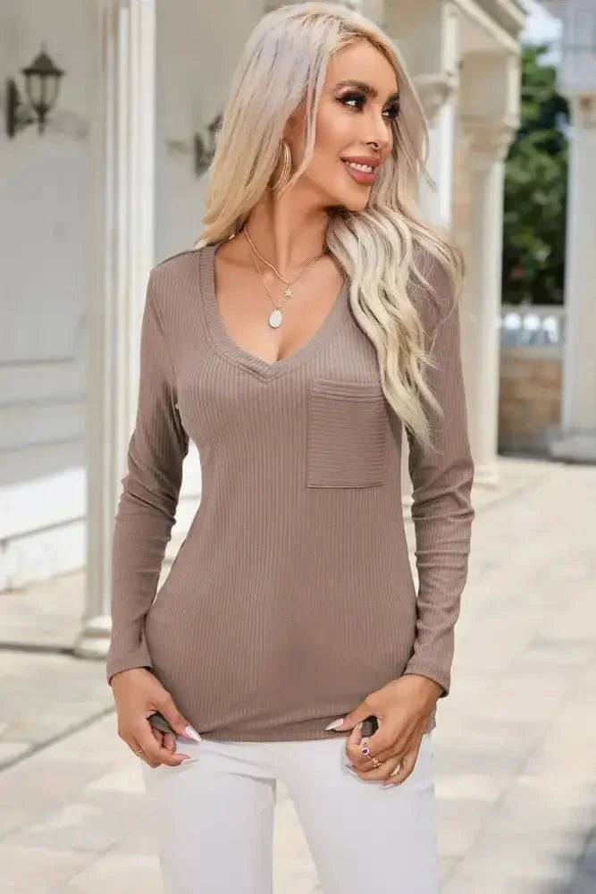 Ribbed V - Neck Long Sleeve Blouse with Pocket - Update AvenueTrendsi100101505831575100101505831575da408e6110e04fe2abd2a859f83ed51d - MaxMocha