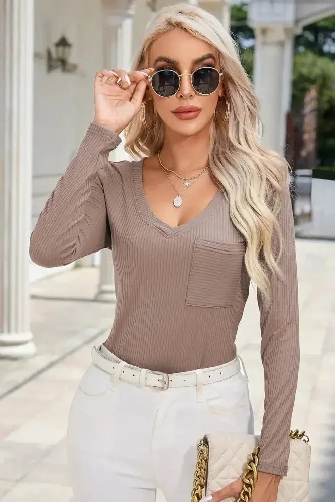 Ribbed V - Neck Long Sleeve Blouse with Pocket - Update AvenueTrendsi10010150583157510010150583157504ac38f6471d4a5bae1169dd08d6ddbb - MaxMocha