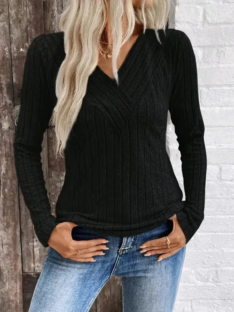 Ribbed V - Neck Long Sleeve Knit T-Shirt - Update AvenueT-ShirtsTrendsi1001000411537801001000411537806851fcc6d1ef402f87d235dc913eb855 - Max - OriginBlack