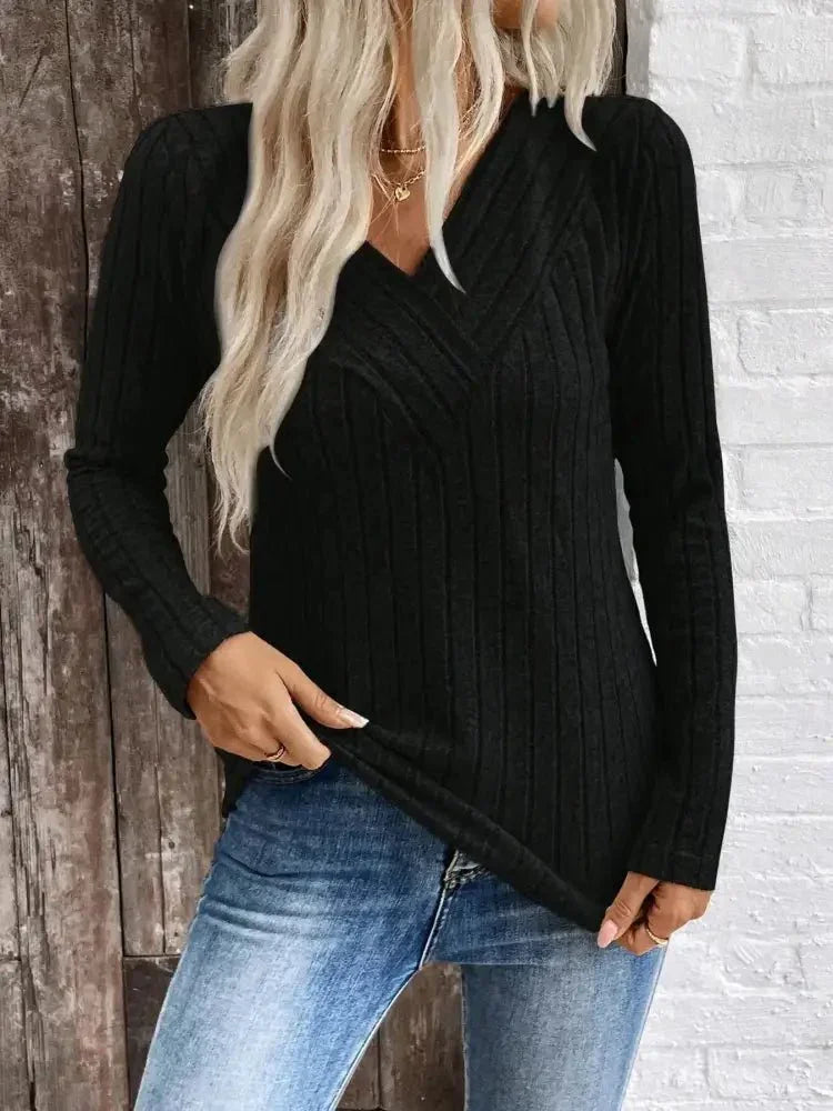 Ribbed V - Neck Long Sleeve Knit T-Shirt - Update AvenueT-ShirtsTrendsi1001000411537801001000411537803416a42ffb574881b2a52f84c6958a81 - Max - OriginBlack