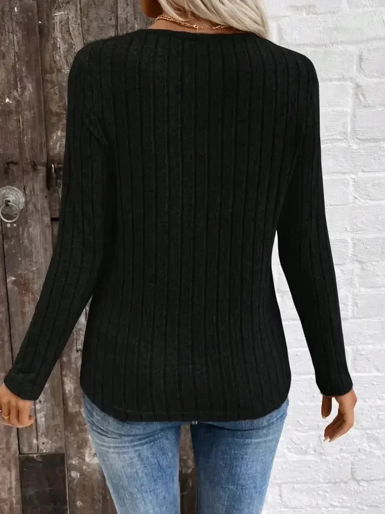 Ribbed V - Neck Long Sleeve Knit T-Shirt - Update AvenueT-ShirtsTrendsi10010004115378010010004115378082d92d18b27c4b8f9cfa895b79d08638 - Max - OriginBlack