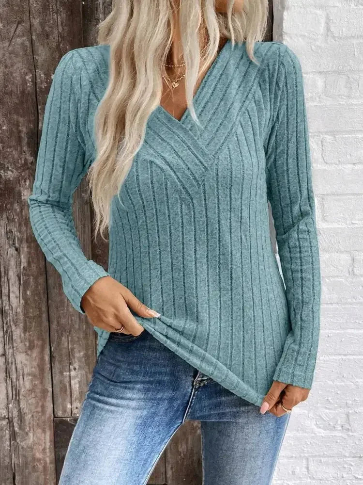 Ribbed V - Neck Long Sleeve Knit T-Shirt - Update AvenueT-ShirtsTrendsi1001000411548041001000411548049b4591cb22f44359b3c33e51f5b1c89d - Max - OriginPeacock Blue