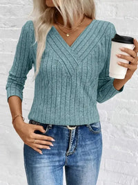 Ribbed V - Neck Long Sleeve Knit T-Shirt - Update AvenueT-ShirtsTrendsi100100041154804100100041154804ab5c5e0df6724960a1f2aa94637a35bb - Max - OriginPeacock Blue