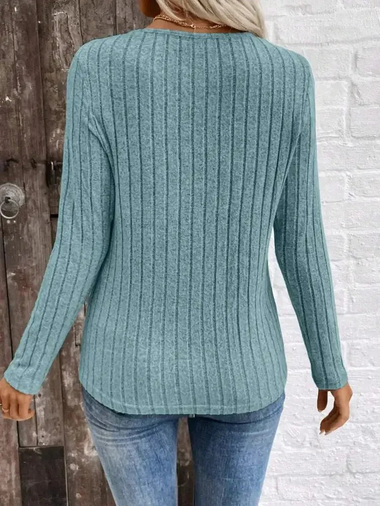 Ribbed V - Neck Long Sleeve Knit T-Shirt - Update AvenueT-ShirtsTrendsi100100041154804100100041154804d33b0659c97541cf83a54050c76c0484 - Max - OriginPeacock Blue