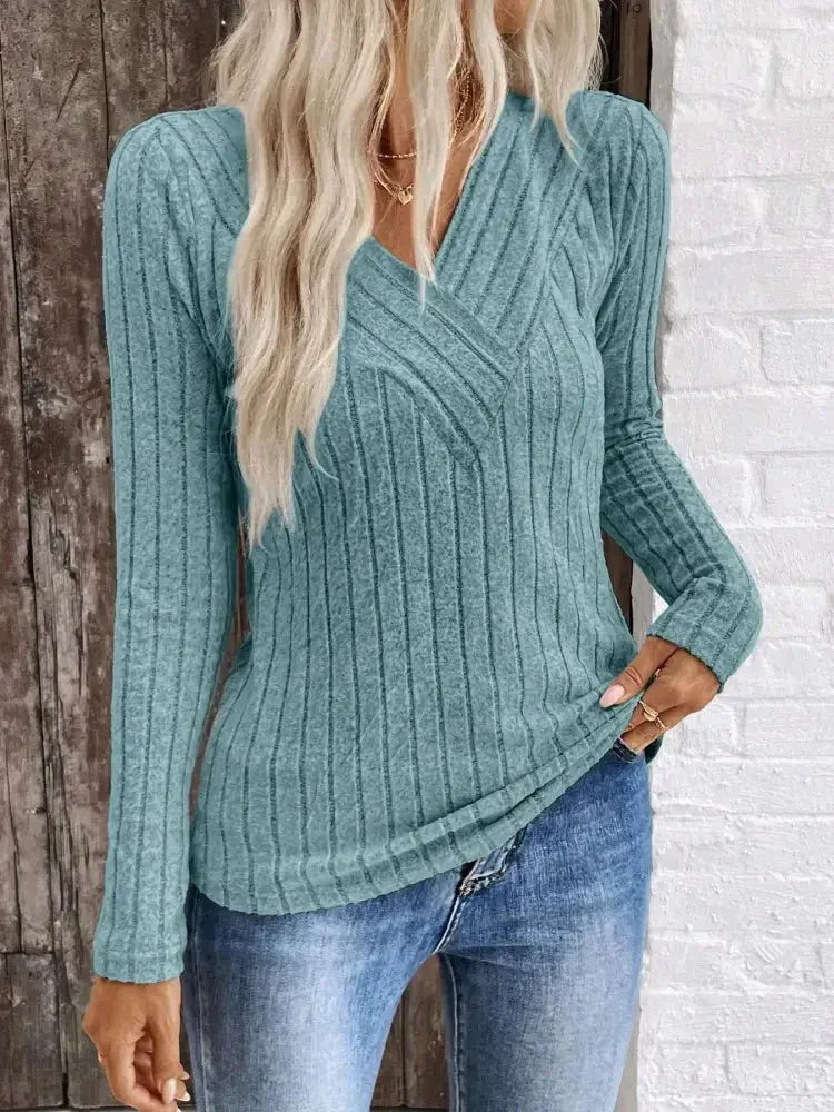 Ribbed V - Neck Long Sleeve Knit T-Shirt - Update AvenueT-ShirtsTrendsi1001000411548041001000411548045cca2748f01c4860861d3ea6ee4a5da8 - Max - OriginPeacock Blue