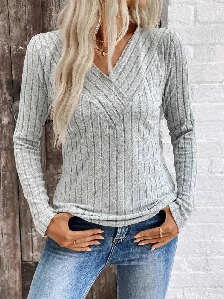 Ribbed V - Neck Long Sleeve Knit T-Shirt - Update AvenueT-ShirtsTrendsi10010004115859810010004115859892bb0dfdd1064b7aaa5d448e4bb5d2de - Max - OriginGrey