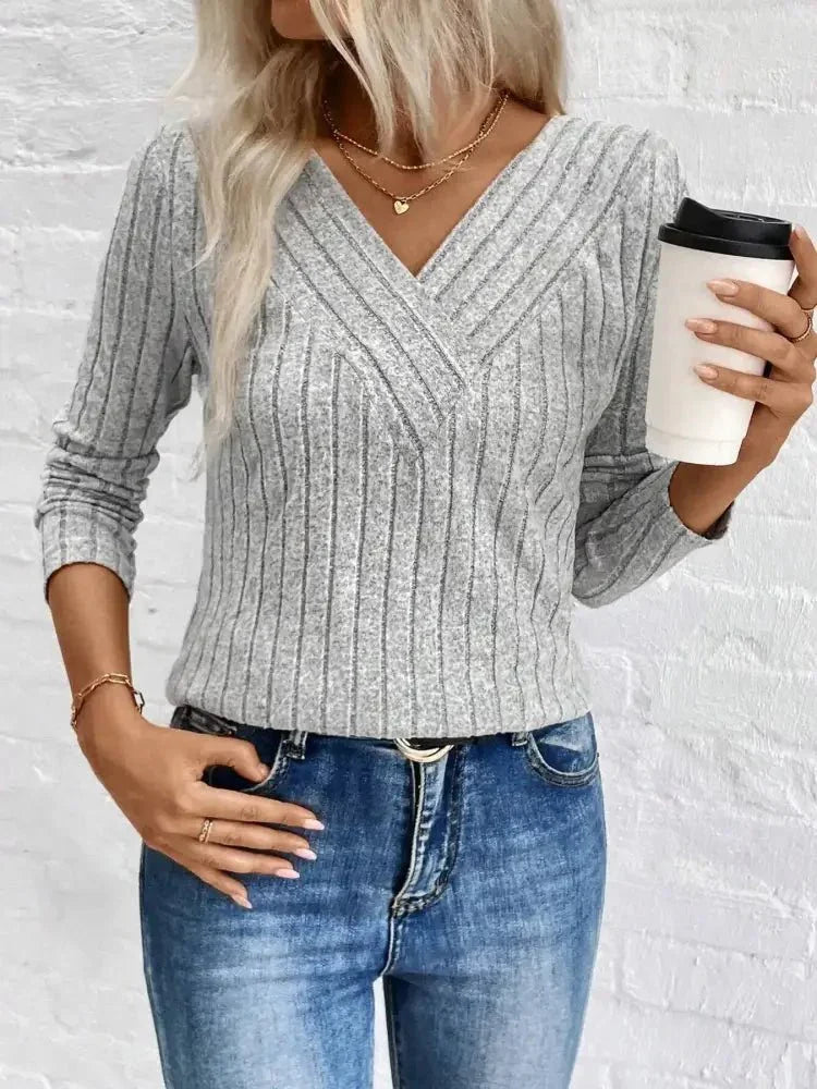 Ribbed V - Neck Long Sleeve Knit T-Shirt - Update AvenueT-ShirtsTrendsi100100041158598100100041158598c465a19a4e6a4117a3d0729f99bde355 - Max - OriginGrey