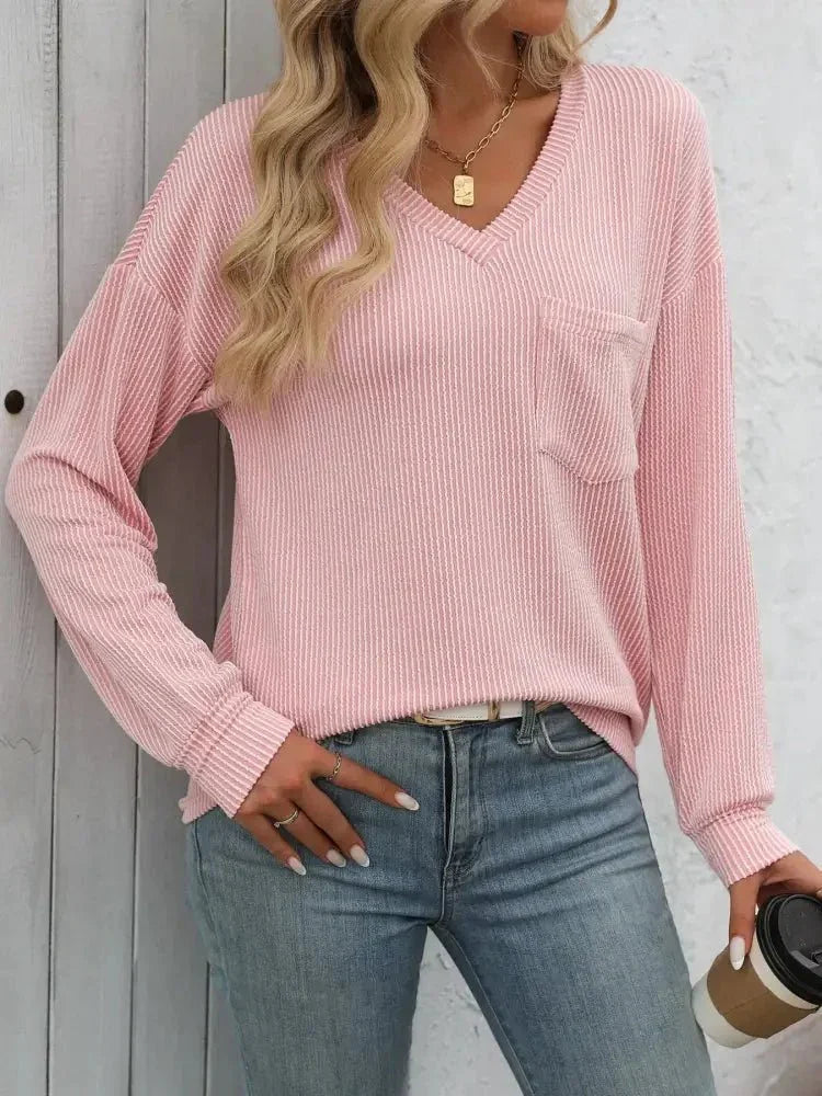 Ribbed V - Neck Long Sleeve T-Shirt - Update AvenueT-ShirtsTrendsi1001002643412311001002643412319d1cbf92 - 7742 - 4b7b - 97f3 - c197bf68d920 - Max - OriginBlush Pink