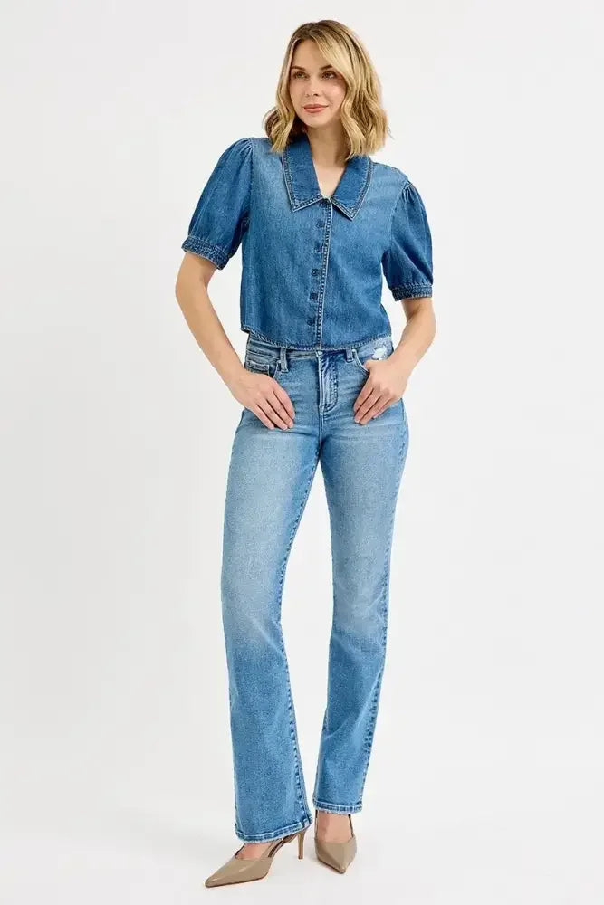RISEN Button Down Puff Sleeve Crop Denim Shirt