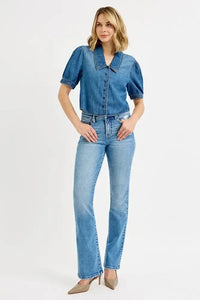 RISEN Button Down Puff Sleeve Crop Denim Shirt