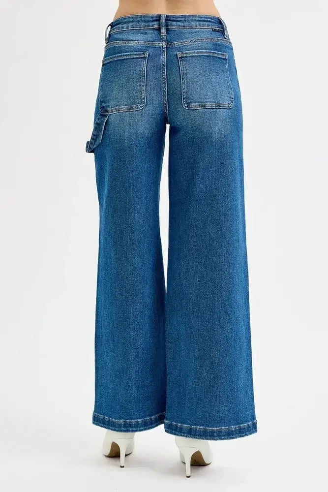 RISEN Full Size High Rise Wide Leg Patch Detailed Jeans Plus Size