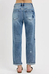 RISEN Full Size Mid Rise Boyfriend Star Shadow Detail Cuffed Jeans Plus Size