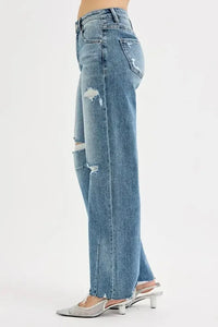 RISEN Full Size Mid Rise Fit Wide Baggy Leg Tie Washed Jeans Plus Size