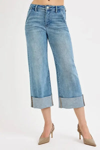 RISEN Full Size Tummy Control High Rise Ankle Wide Cuffed Jeans Plus Size