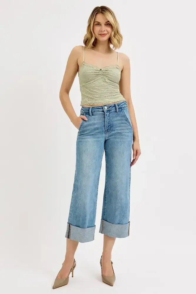 RISEN Full Size Tummy Control High Rise Ankle Wide Cuffed Jeans Plus Size