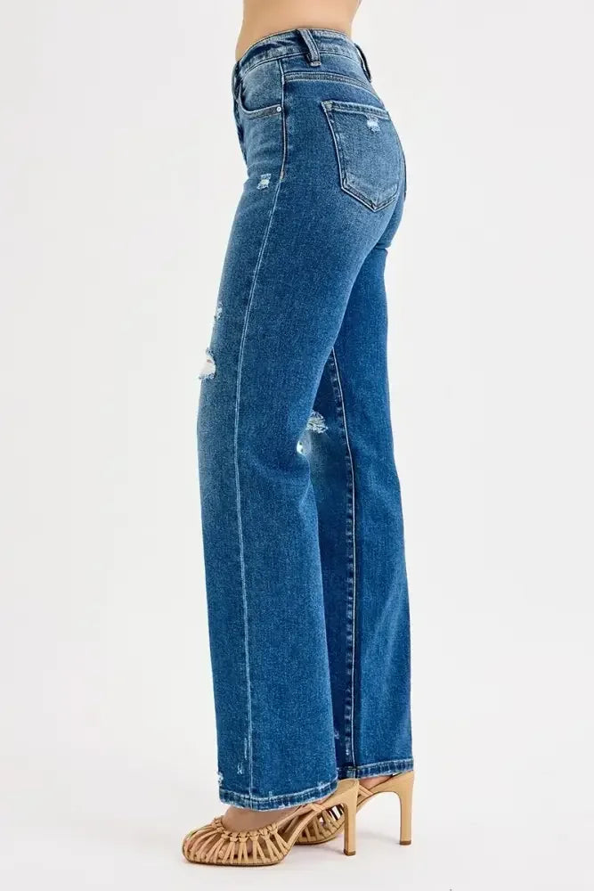 RISEN Full Size Tummy Control High Rise Straight Distressed Jeans Plus Size