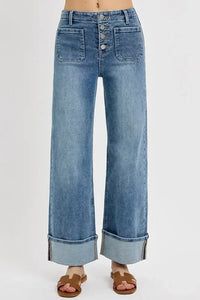 RISEN High Rise Ankle Wide Button Patch Pocket Cuffed Jeans